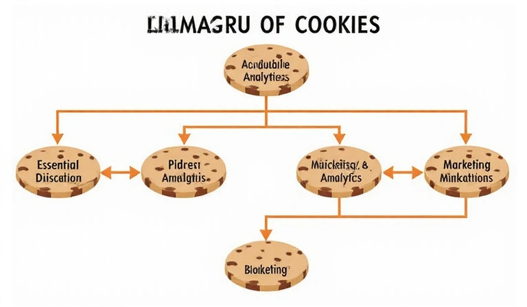 Schemat blokowy przedstawiający różne kategorie plików cookie i ich zastosowania.