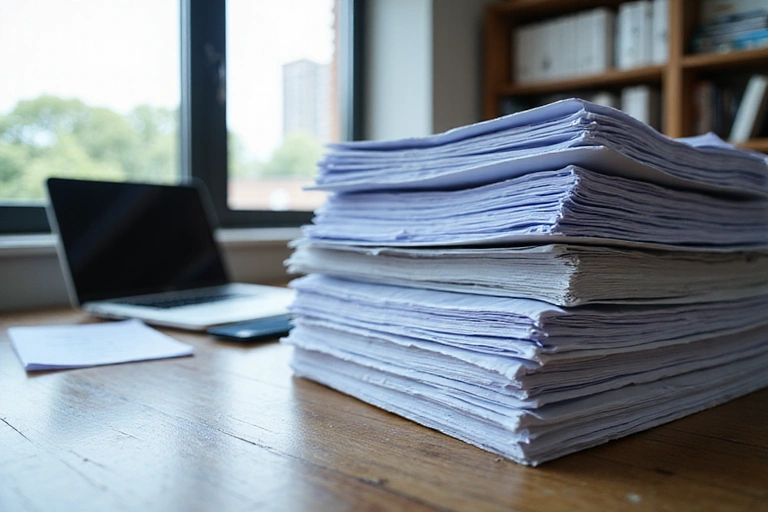 Stosy dokumentów i segregatorów w biurze